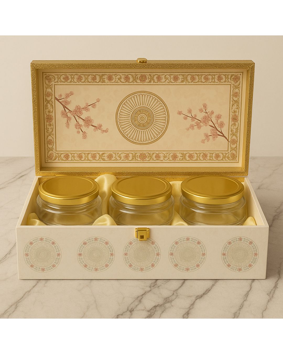 MDF gift box white flower print Full MGI with 3 jars