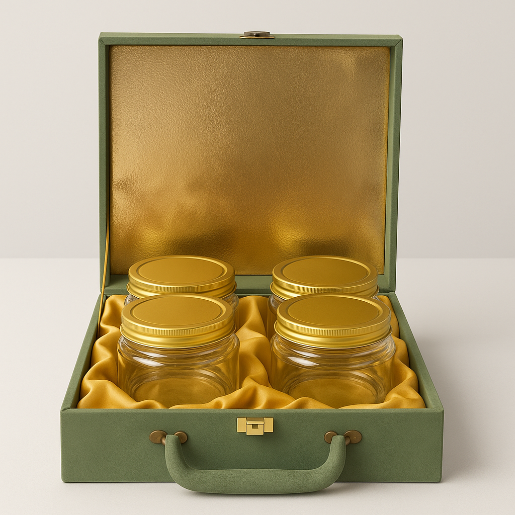 MDF gift box with oxford green belt – 4 Salsa Jars