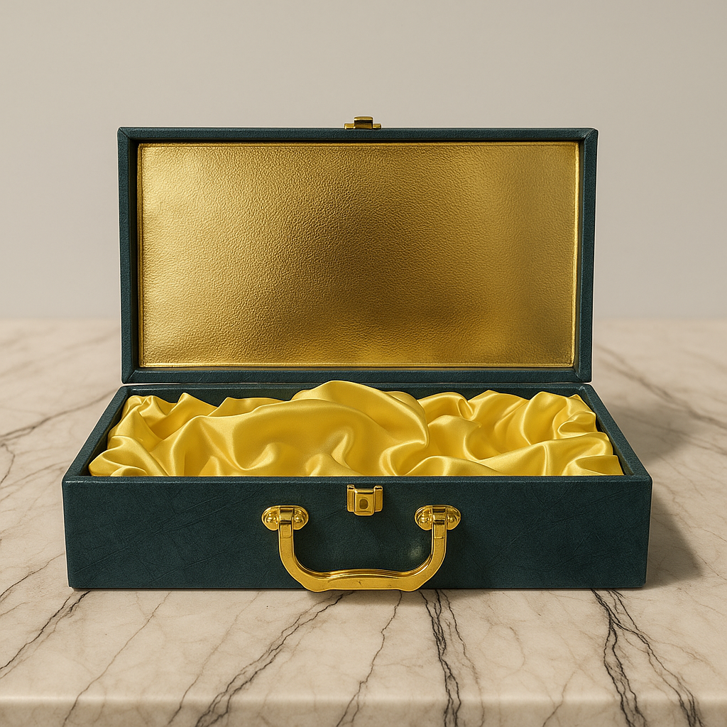 MDF gift box with green suede finish rounder style with 3 jars
